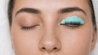 Lash lift treatment showing natural lashes neatly arranged on a turquoise silicone shield