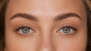 Close up of professionally laminated brows with soft lifted and defined hairs
