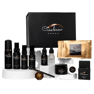 Brow henna deluxe kit by Ciaobrow - complete professional starter set with 6 shades, prep products, tools and marketing materials in presentation box