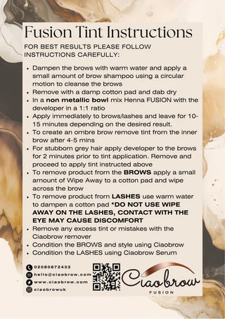 FUSION hybrid tint application instructions by Ciaobrow - step-by-step guide for professional brow and lash tinting