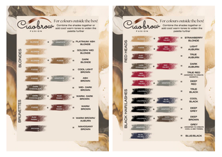 FUSION hybrid tint shade guide by Ciaobrow - professional colour chart displaying all 9 vibrant shades for brow and lash tinting