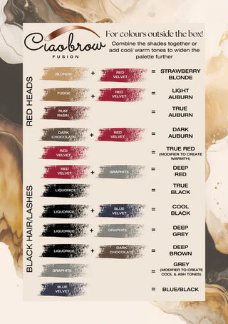 FUSION hybrid tint color selection chart by Ciaobrow - professional shade matching guide for brow and lash tinting