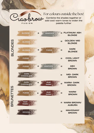 FUSION hybrid tint shade chart by Ciaobrow - professional colour guide for selecting the perfect brow and lash tint shade 